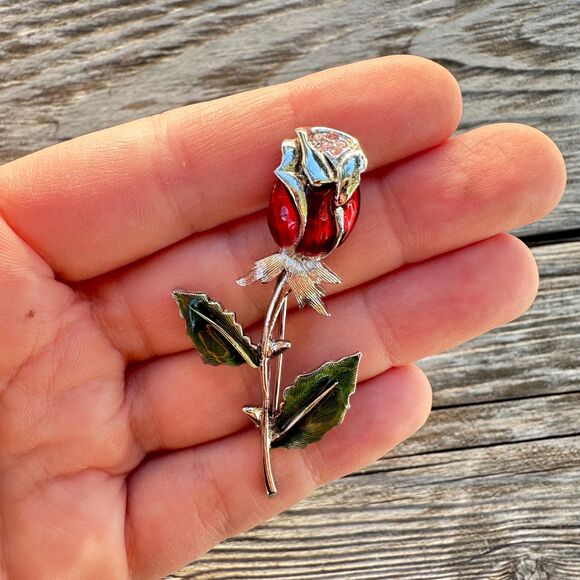 Vintage Liz Claiborne Rose Brooch: Enamel & Rhinestone Pin - Picture 1 of 3